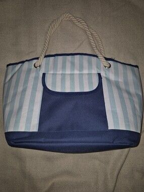 New Navy & Light Blue Striped Rope-Handle Tote Cooler Bag